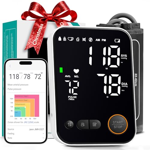 Blood Pressure Monitor Upper Arm - Bluetooth iOS & Android Compatible One-Button Operation Voice Broadcast Large LED Display Backlit 2x120 Memory Adjustable Cuff 8.7'-16.5' with Storage Bag Black