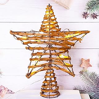 LAWOHO Christmas Tree Topper Star, 10-inch Rattan Star Treetop with 10 Warm White Lights There Functions with Timer, Tree Topper Decoration for Festive Christmas Home Shop Bar Indoor Ornament