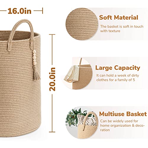 Goodpick Tall Wicker Laundry Basket With Handles, Boho Decorative Storage Basket For Living Room, Bedroom, Entryway, Bathroom, Large Woven Blanket Basket For Pillows, Towels, Shoes, Jute, 16" X 20" #TOP1