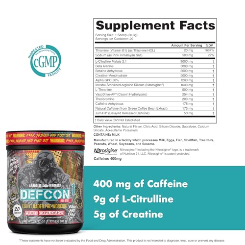 Image of Anabolic Warfare Defcon1 High Stim, High-Intensity Pre-Workout Powder (Fruit Explosion, 20 Servings)