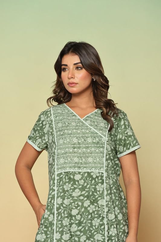Image of NIHSAMAH Cotton Night Gown for Women - Angrakha Style Nighty, Comfortable Sleepwear /Nightwear /Maxi