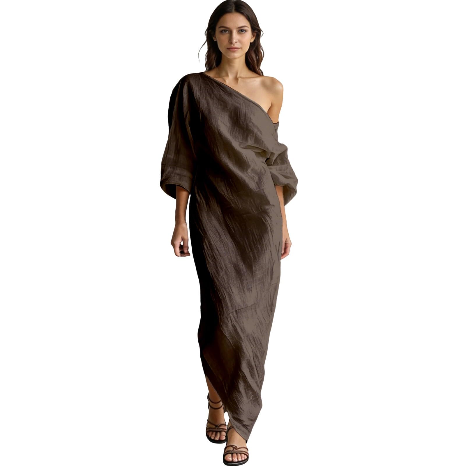 Elegante Vestido Midi de Manga Larga con Hombros Descubiertos y Cintura Alta para Verano