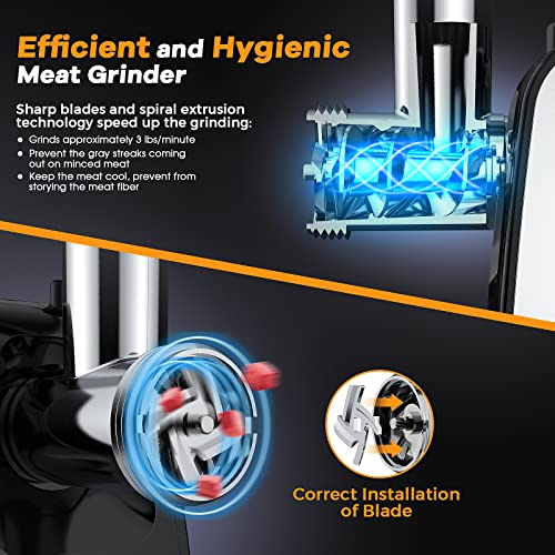 Ollygrin Meat Grinder Electric Sausage Stuffer, Meat Grinder Electric Stainless Steel, Meat Grinder Maker Heavy Duty 2000W Max With 2 Blades, 3 Plates, Sausage Stuffer Tube & Kubbe Kit #TOP3