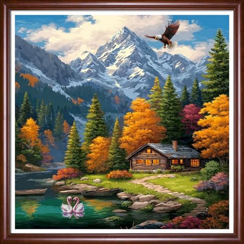 Image of DMCVIVR Stamped Cross Stitch Kits for Beginners Adults Needlepoint Kits for Beginners Embroidery Kits for Adults Crossstitch Kit for Beginners 11CT-Rural Homeland Scenery 18x18 inch