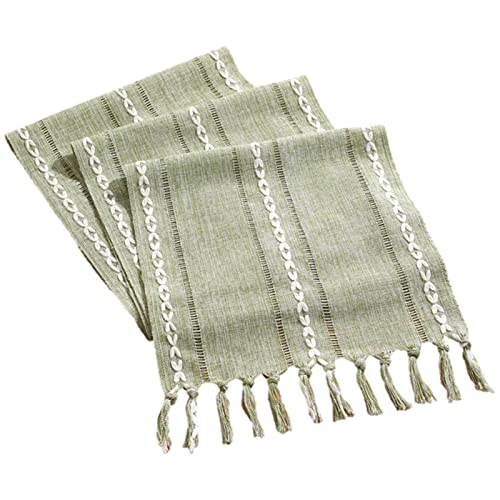 rismart Camino de Mesa con Borlas Rústica Hecha a Mano Tejido Raya Decorar Verde,32 x 160 cm