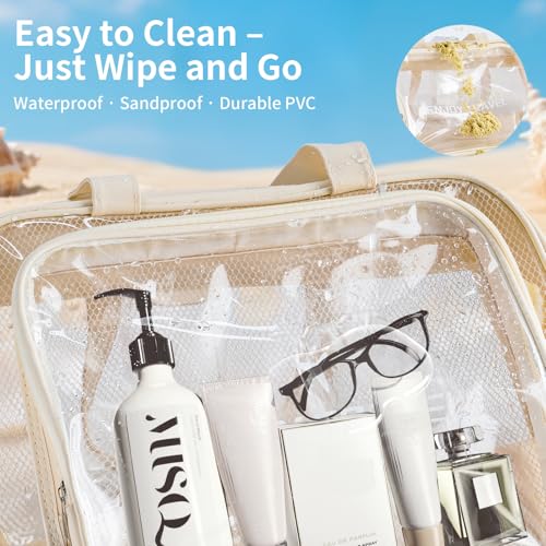 Waterproof Beach Bag with Shoe Compartment – Large Capacity Clear PVC Tote Bag, Portable Unisex Travel Makeup Organizer for Swimming, Gym, and Vacation (Beige)2