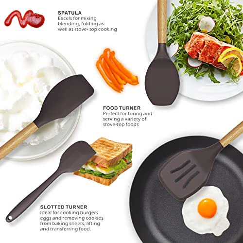 Silicone Cooking Utensils Set - 446°F Heat Resistant Silicone Kitchen Utensils For Cooking,Kitchen Utensil Spatula Set W Wooden Handles And Holder For Non-Stick Cookware, Bpa Free (Coffee) #TOP2