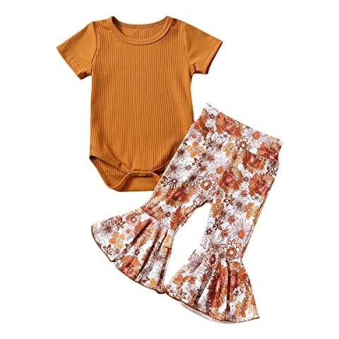 Infant Baby Girl Clothes Knitted Ruffle Long Sleeve Romper Bodysuit Tops Flared Bell Bottom Pants Leggings Fall Outfits, Floral, 6-12 months Cover