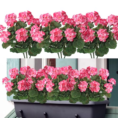 Weldomcor Fiori artificiali, 3 Bundles falso Geranio Fiori resistente ai raggi UV Faux Verde Arbusti Piante per Patio Portico Finestra Scatola di casa di nozze Agriturismo Decor, Rosa