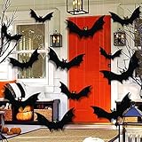 VERNILLA Hanging Bats Halloween Decorations 12pcs 3D Realistic Halloween Hanging Flying Bat with Glowing Eyes for Outdoor (3 Styles)