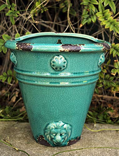 Old World Roman Style Wall Hanging Planter In Teal Cracked Ice Ceramic Finish #TOP3