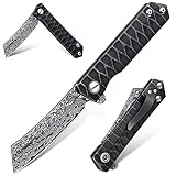Moontay Klappmesser Taschenmesser aus echt VG10 Damast mit Titanium Coating Griff Rasiermesser Scharf Survival Messer für Wandern Camping schwarz Einhandmesser mit Klipp - Geschenke für Männer…