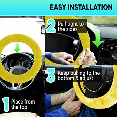 Andalus Brands Australian Sheepskin Wool Steering Wheel Cover For Women & Men - Universal 15 Inch Steering Wheels & Accessories - Eco-Friendly Wheel Cover For Car - Car Accessories (Lemon Yellow) #TOP3