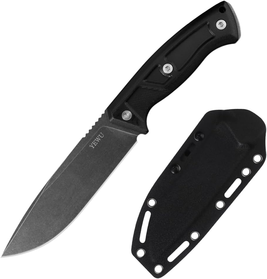 YEWU Fixed blade knife G10 handle and Kydex sheath outdoor EDC camping, hunting, hiking hand tool (black grip)