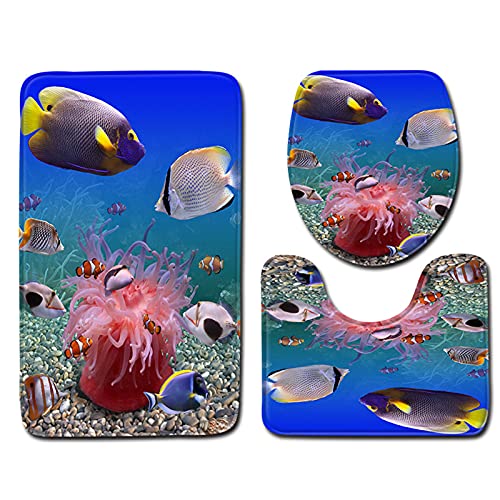 AllMonyba 3-teiliges Badematten-Set Badezimmerteppich-Set Undersea World Print rutschfeste Badematte Toilettenkontur…