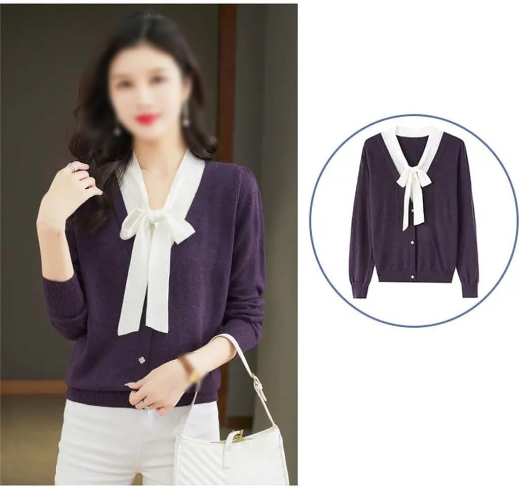 Women's Temperament Simple Patchwork Bow Drawstring Sweater Long Sleeve V-Neck Solid Loose Knit Top