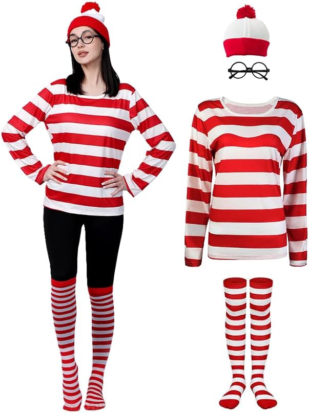 Waldo Red and White Striped Shirt Adult Men Women's Halloween Cosplay Costumes Funny Sweatshirt Outfit Glasses Suits