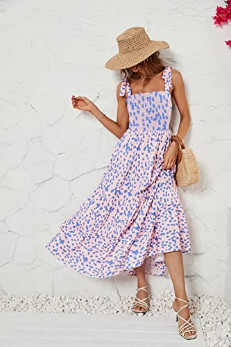 Image of kinstell Women's Summer Boho Spaghetti Strap Square Neck Ruffle Casual Flowy Long Dress Beach Swing Party Maxi Dress