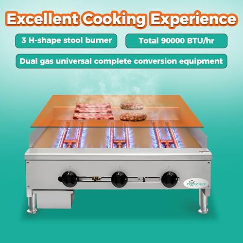Image of 36 inch Commercial Gas Griddle, 90,000 BTU Countertop Flat Top Grill, 3 Independent Burners, Heavy-Duty Stainless Steel Construction, NG /LP Convertible, ETL Certified