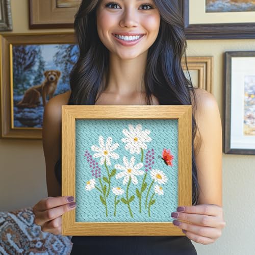 Image of BEUNITONE 2 Sets Daisy Flower Punch Needle Embroidery Starter Kits Flowers Plants Punch Needle Kit for Beginners Punch Embroidery Kits with Frame Instructions for Wall Painting Decor 9.4'' x 9.4''