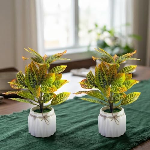 Image of Dekorly Artificial Lavender Plant in White Pot, 18cm - Realistic Faux Flower Arrangement for Home & Office Decor (Set of 1) (2, Croton Plant)