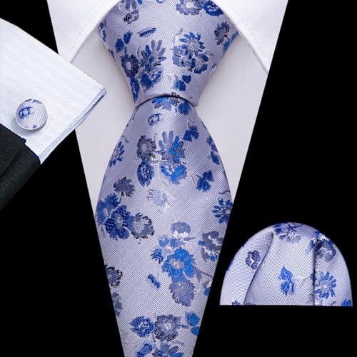 Image of Barry.Wang Light Blue Flower Ties for Men Silk Woven Floral Tie Sets Necktie Handkerchief Cufflinks Wedding Party