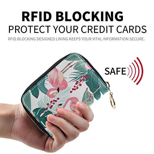 MOYYO RFID Credit Card Holder Case Tropical Palm Leaves Beautiful Flamingo Leather Printed Zipper Card Case Wallet for Women Girls2