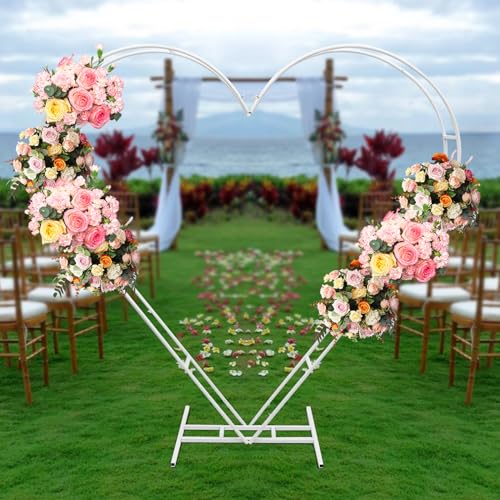 Heart Shape Wedding Metal Arch Stand, 6.8 * 6.7 ft White Carbon Steel DIY Curved Flower Balloon Frame, Wedding Arches Backdrop with Base for Party, Wedding, Birthday, Event Decor