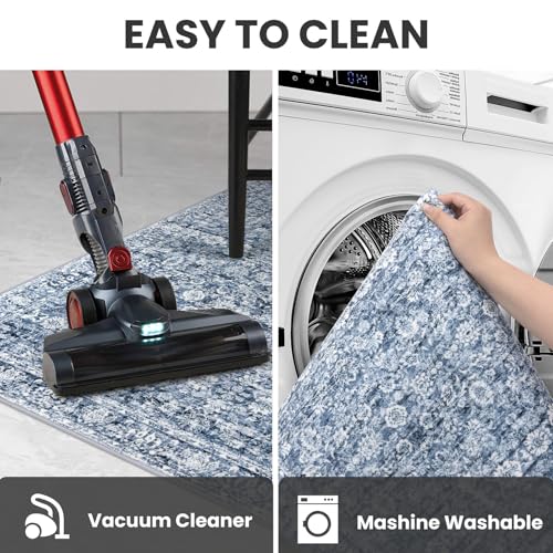 2x12 Blue Washable Runner Rug for Kitchen, Soft Classic Runner with Non-Slip, Non-Shedding Distressed Floral Rug for Hallways Entryway Bedroom Bathroom Laundry Indoor