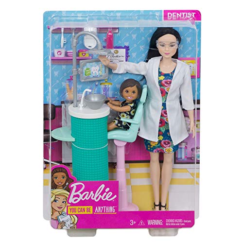 Barbie Quiero Ser Dentista, muñeca Morena con niña y Accesorios (Mattel FXP17) Multicolor