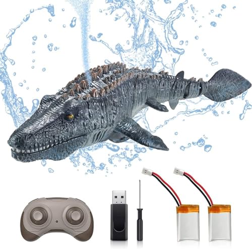 OBEST 2.4GHz Remote Controlled Mosasaurus Boats, RC Shark Boats Water Spray Pool and Lake Toy,RC Electric Shark Dinosaur, Gifts Grey