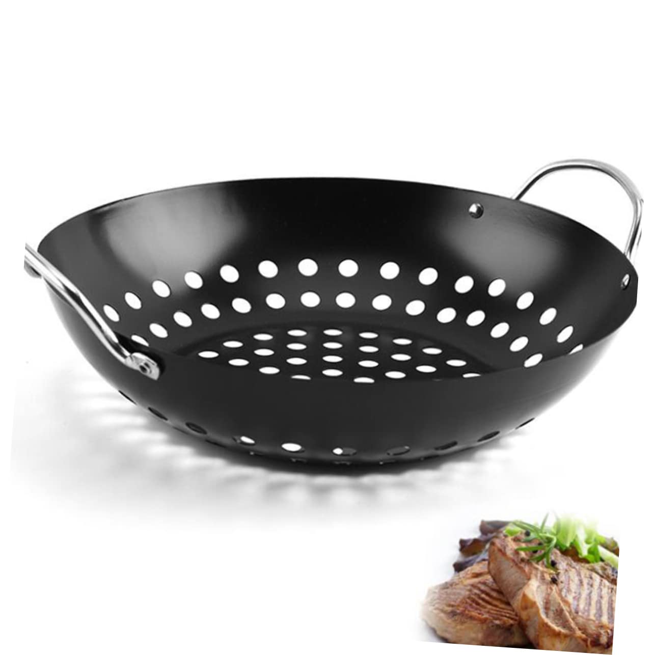 POPETPOP Padella per Barbecue Antiaderente in Acciaio Nero con Manico, Piastra Rotonda per Grigliare Carne, Pesce e Verdure, Facile da Pulire per Uso Esterno e Domestico