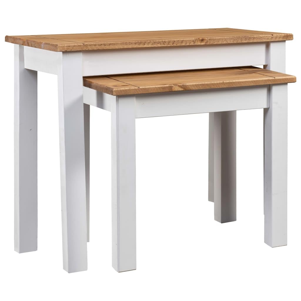 SXZenSpace Nest of Tables 2 pcs White & Natural Solid Pine Nesting Side 56x40x53.5 cm Large Coffee Table Set Space Saving End for Living Room Bedroom or Hall