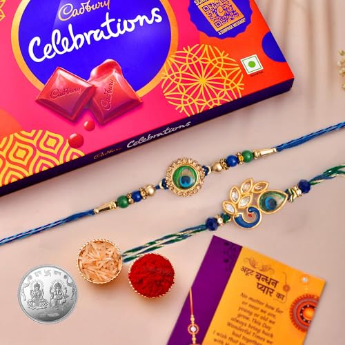 Image of CraftVatika Rakhi Gift for Brother and Bhabhi With Chocolate Pooja Coin Combo| Mor Pankh Rakhi for Men Boy Bhaiya Girls |Cadbury Celebrations with Rakhi with Chocolate Gift Pack Rakhi Set of 2
