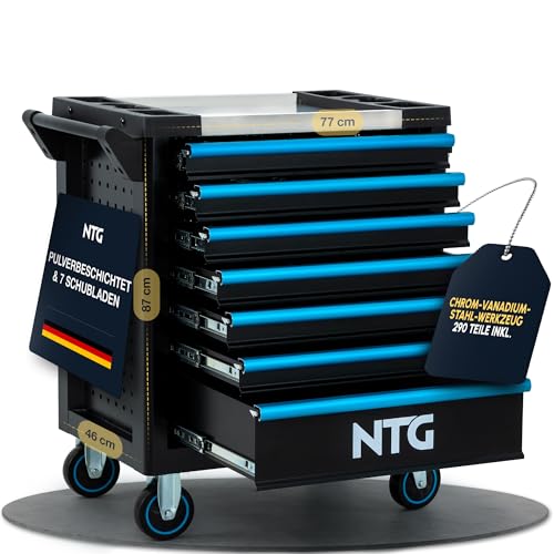 NTG Werkzeugwagen 7 Schubladen inkl. 290-tlg. Werkzeug – Werkstattwagen mit Zentralverriegelung, abschließbar, mobil mit Rollen – Profi Werkzeugkoffer auf Rädern für Werkstatt & Garage