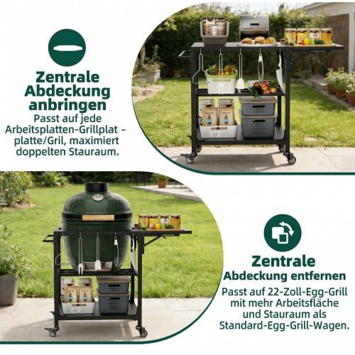 Carrello per barbecue da esterno per XL Big Green Egg, resistente alle intemperie e pieghevole, robusto carrello in metallo con ruote, ripiano e ganci per attrezzi, tavolo mobile per barbecue per