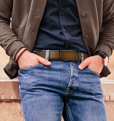Image of KEMISANT Men Belt 2 Pack, Leather Ratchet Belt Easy Click Slide For Men 1 3 /8 inch,Cut for Fit