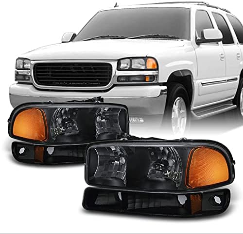 AKKON - For Black Bezel 99-06 Sierra 00-06 Yukon Headlights Replacement + Bumper Signal Light Lamps 4pcs Set