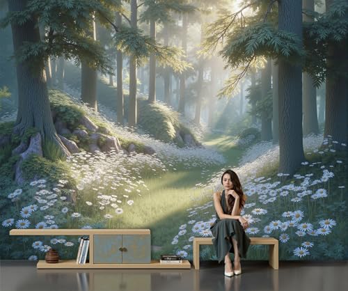 Impresión Paisaje Bosque Soleado Papel Pintado, 450 X 315 Cm Pared Papel Pintado, Atmósfera Ensueño Y Paz. Decoración De Paredes Para Salón Dormitorio Pasillo Comedor, Verde