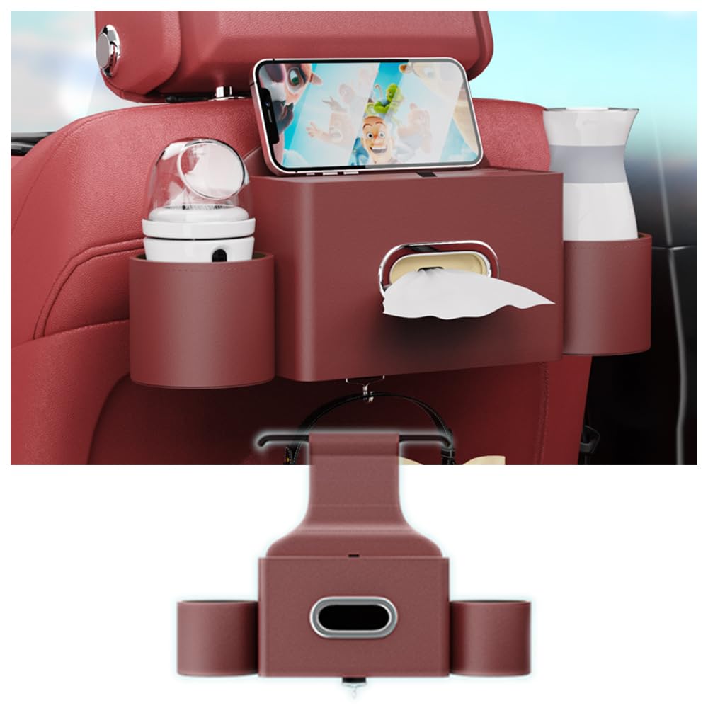 K LAKEY Seat Back Organizer, Full Leather Cover Tissue Case Headrest Storage Box with 2 Cup Holders and Hook Multi-functional Durable Back Seat