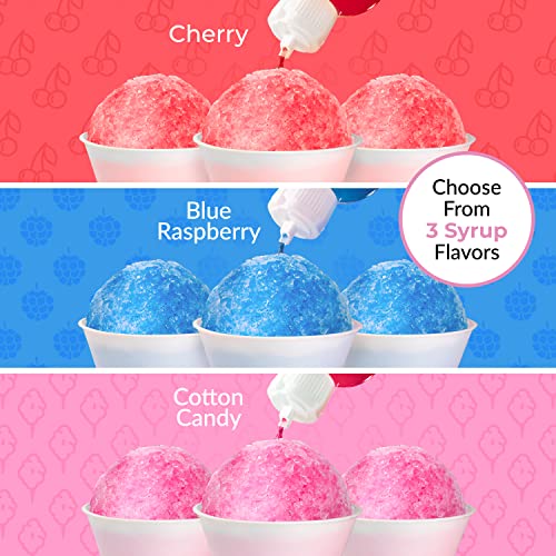 Image of Nostalgia Premium Snow Cone Syrup Party Kit, 20 Snow Cones, 20 Spoons /Straws, Blue Raspberry, Cherry, Cotton Candy