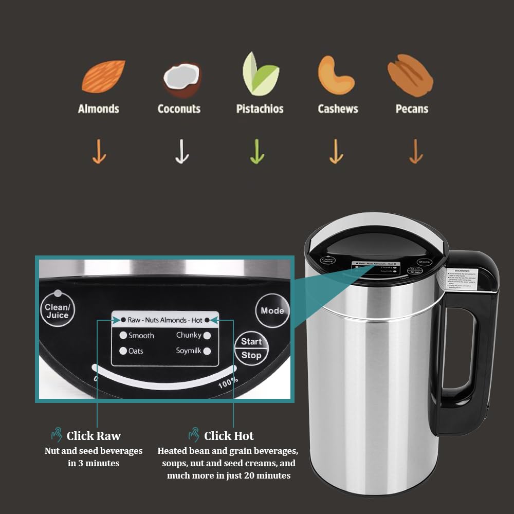 Macchina per Latte vegetale 800W, Macchina per preparare Il Latte di Noci con Filtro, Macchina per Latte di mandorle, soia, Noci, Porridge, succhi, frappè, Acciaio Inox 1,5 Litri