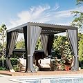 Quinora 10×10 FT Aluminum Louvered Pergola, Outdoor Metal Pergola with Adjustable Waterproof Louvered Roof, Outdoor Gazebo with Curtains & Nets for Patio, Backyard, Garden (Grey)