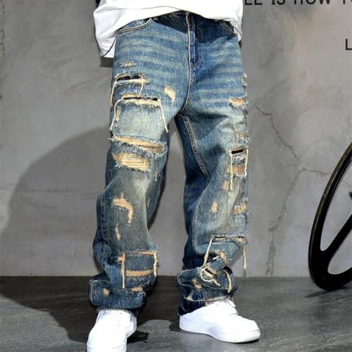 Men’S Trendy Ripped Baggy Straight Denim Pants Button Fly Distressed Streetwear Skateboard Patchwork Full Length Jeans2