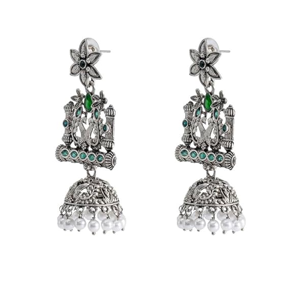 Shining Jewel Traditional Indian Antique Silver Oxidised CZ, Crystal Studded Drop Peacock Jhumka Earring For Women - Silver, Green (SJE_120_S_G) - Image 4
