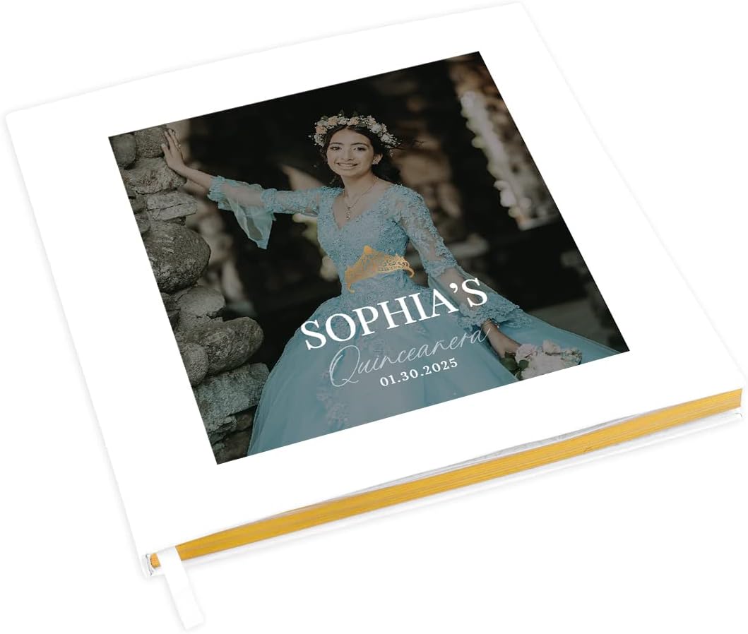 Andaz Press Personalized Quinceañera Guest Book with Gold Accents, Custom Photo Gold Crown, 120 Pages 8.5"x8.5" Hard Cover Photo Album for Mis Quince Años XV Sweet 15th Birthday Decorations, 1-Pack