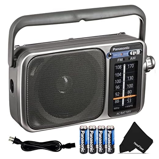 Panasonic Portable AM/FM Radio with Great Reception, Led Tuning Indicator, Compact Size + 4 AA Batteries + HeroFiber Ultra Gentle Cleaning Cloth