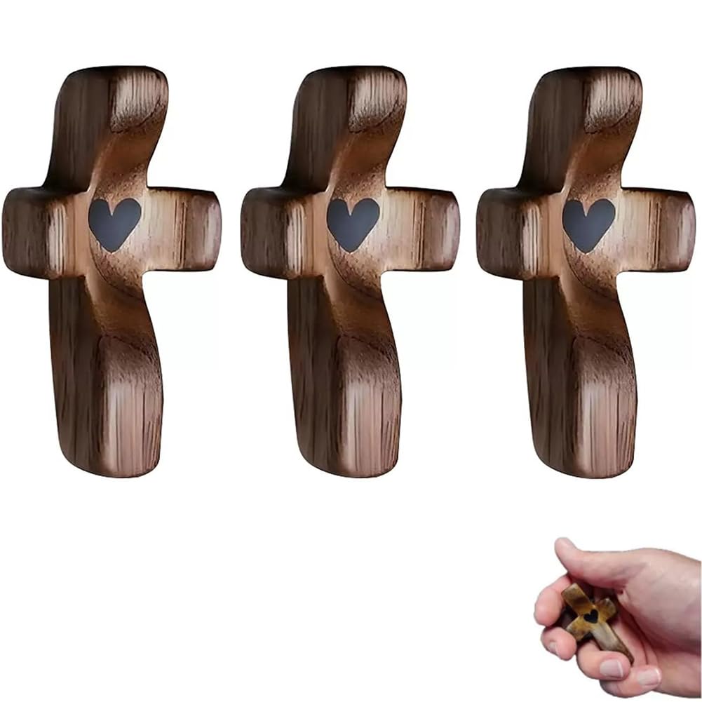 MASISDAOZ Wooden Cross Fidget, 3Pcs Walnut Pocket Crosses - Cross My Heart, Small Pocket Crosses for Anxiety Relief & Prayer, Encouragement Christian Gift for Adults/Kids