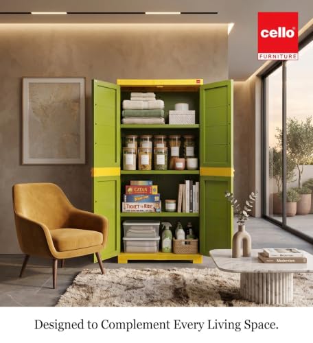 Image of Cello Novelty Big Bookshelf, Green & Yellow | 2 Dustproof Doors | Space Saving Cupboard | Plastic Book Shelf | Multipurpose Book Shelf for Home, Office | Book Organizer for Library