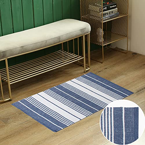 Asraie Hand Woven Cotton Striped Rag Rug | Cotton Reversible Rugs | Recycled Cotton Area Rug For Living Room Kitchen Entryway 2X3' (Navy Blue & White) #TOP6
